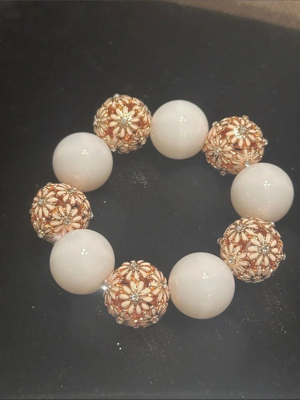 White Beaded Bracelet with Rose Gold Floral Accents
